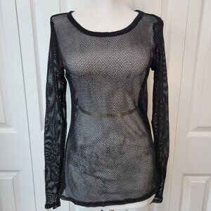 Hot Topic MIDNIGHT HOUR Black Long Sleeve Fishnet Mesh Shirt sz L EUC Goth Rave